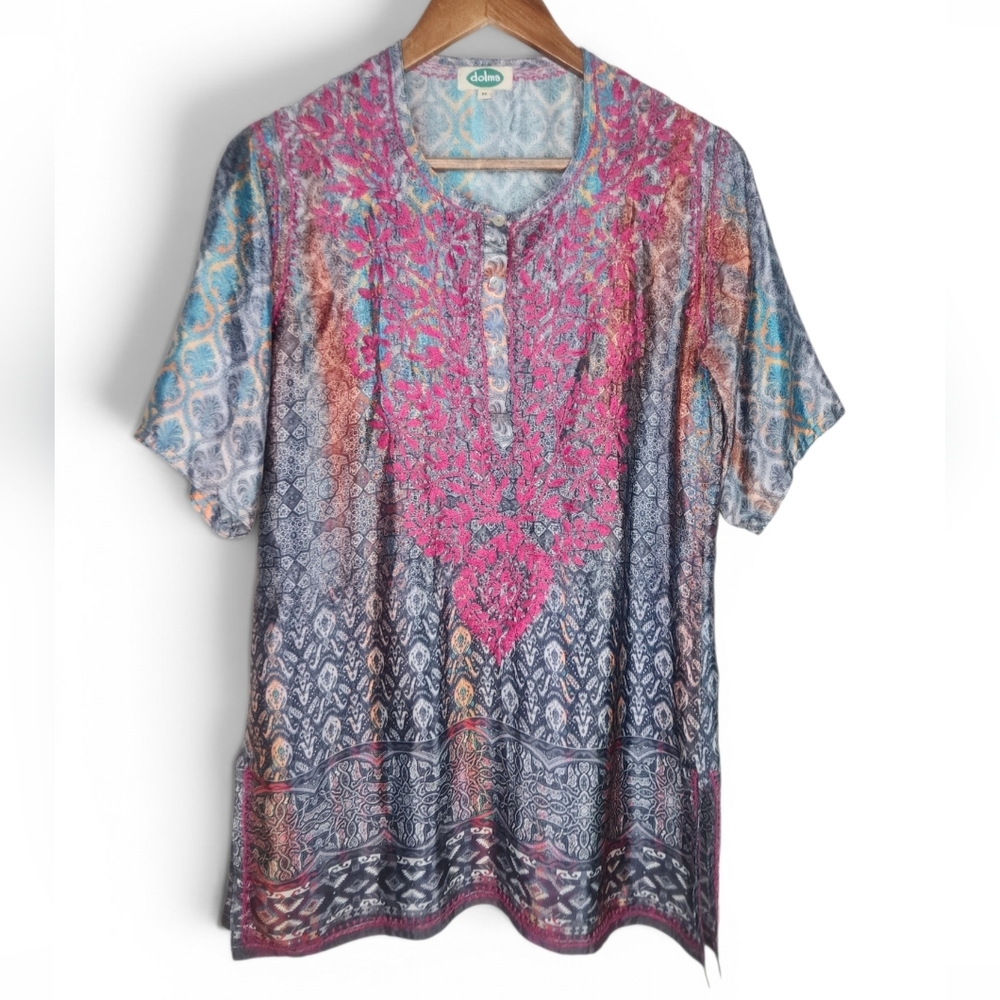 Dolma Hand Embroidered Silk Print Tunic Top in Charcoal Size M